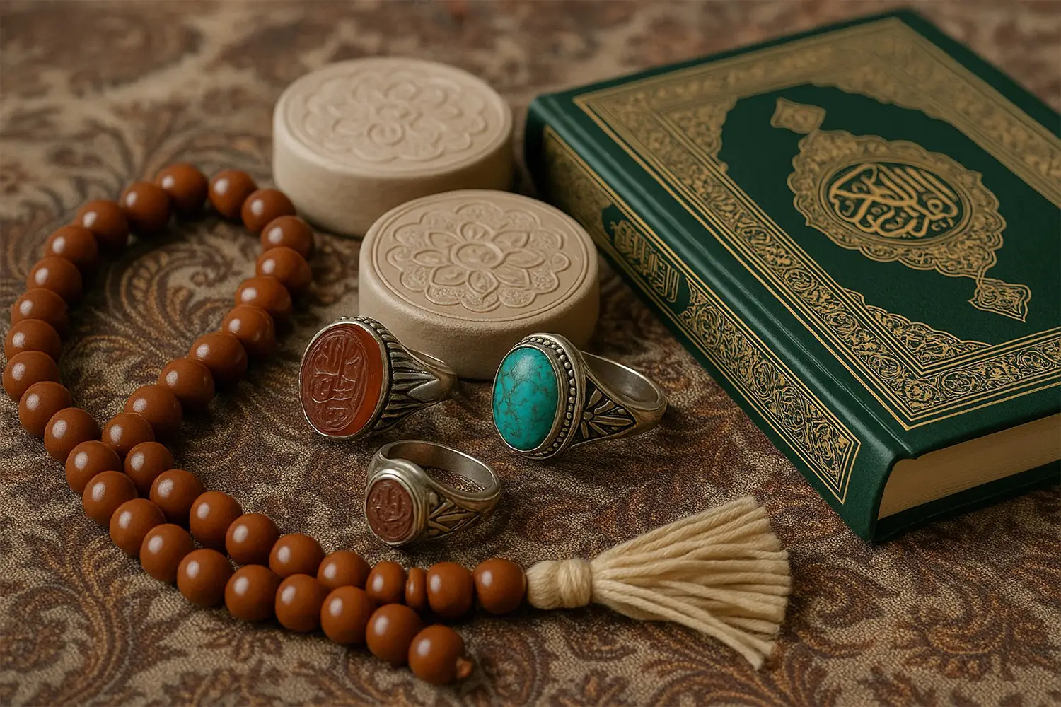 Religious Items — Prayer beads, rings, and decorative Qur’ans.